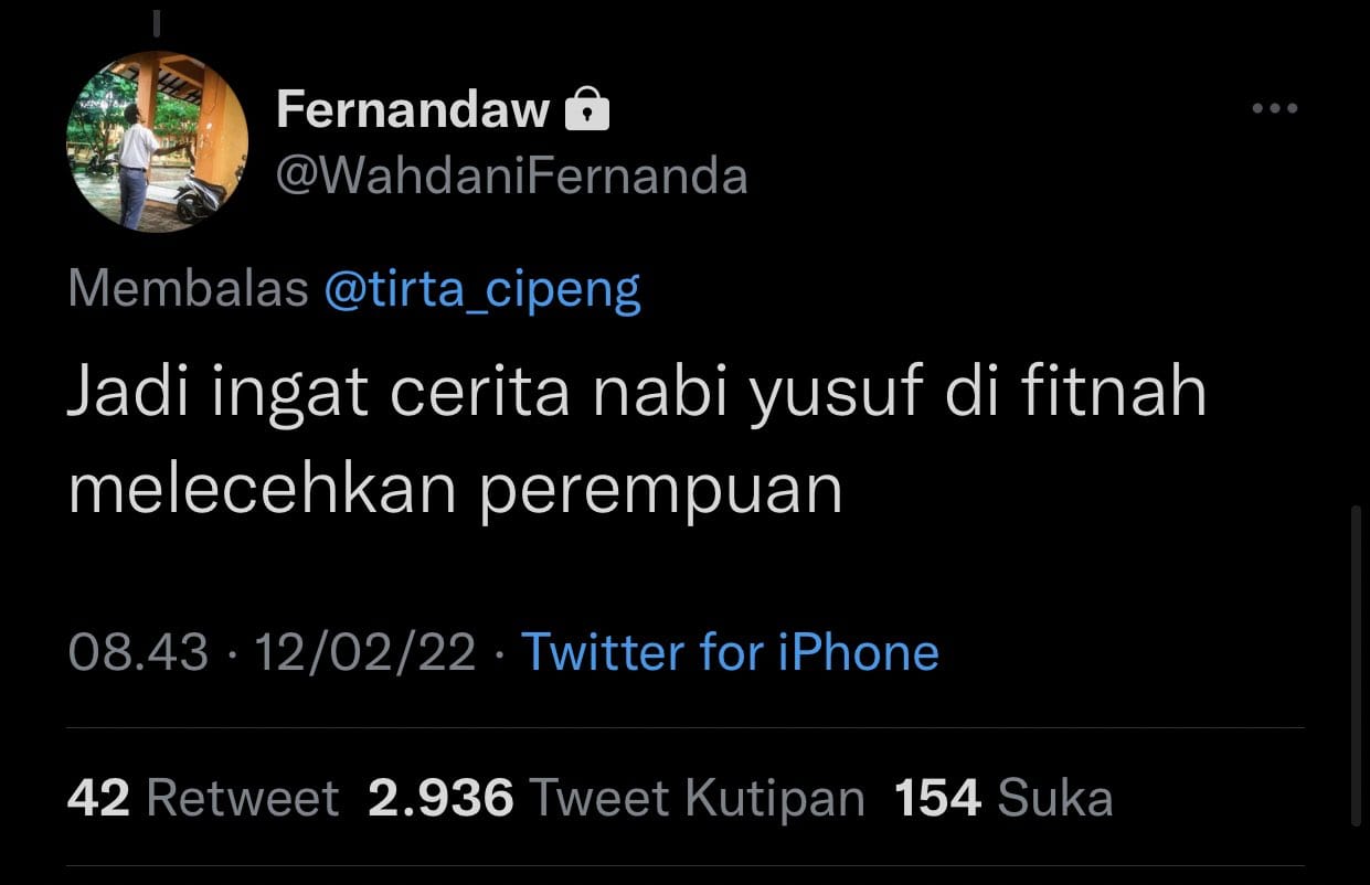 Tangkapan layar cuitan akun @wahdanifernanda yang menilai apa yang terjadi pada Gofar Hilman mirip dengan Nabi Yusuf