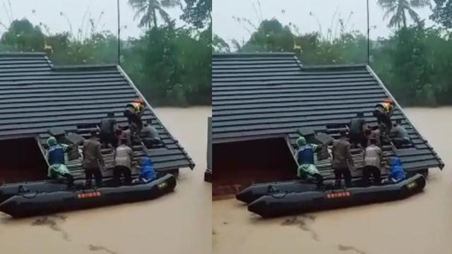 Aparat menyelamatkan warga korban banjir di Serang